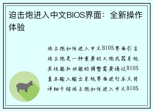 迫击炮进入中文BIOS界面：全新操作体验